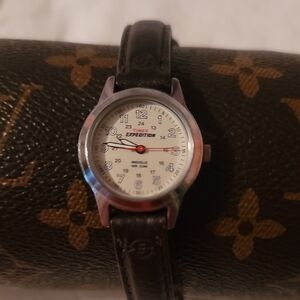 Timex Expedition Watch Womens Indiglo Silver Tone Date 50M Brown Leather Band W6